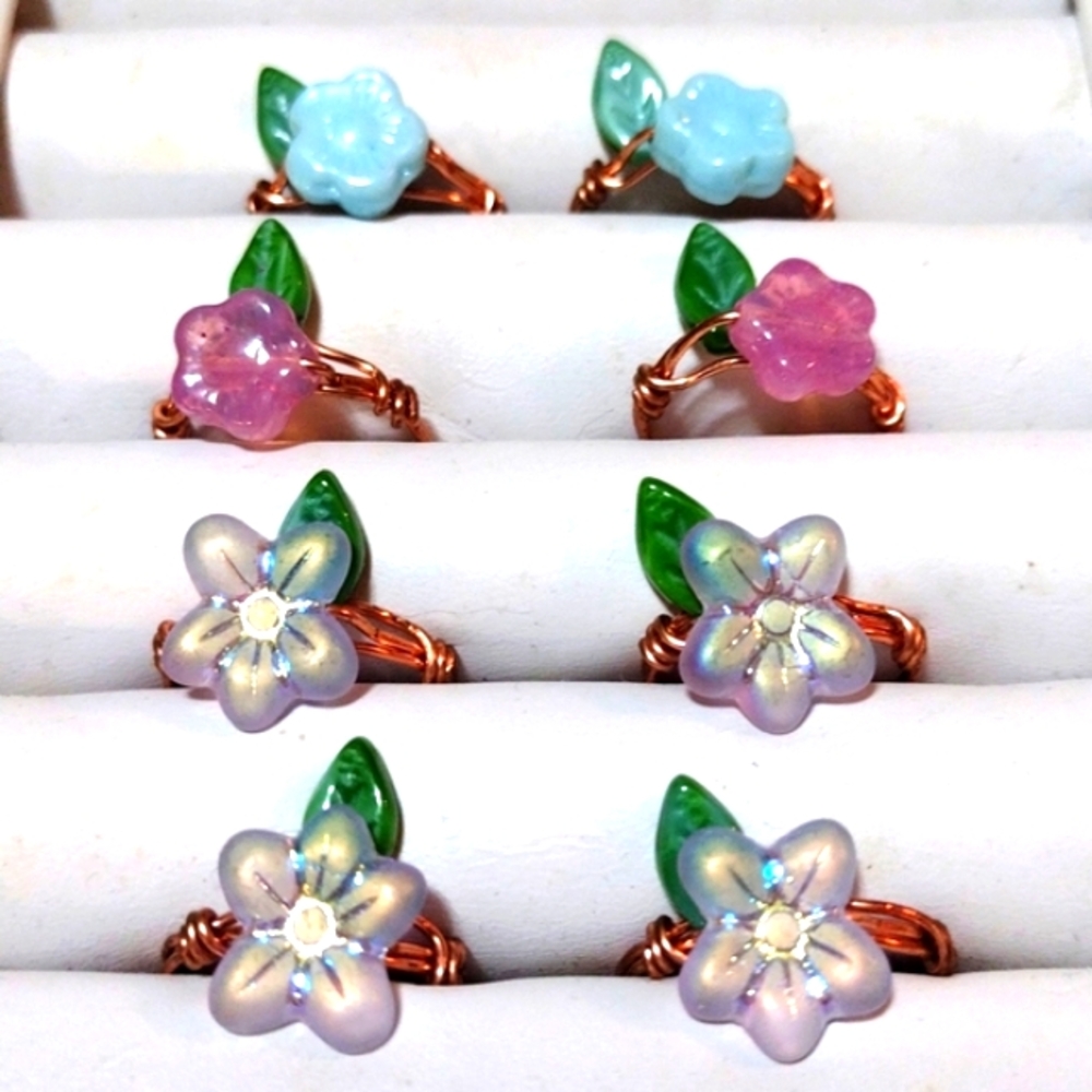 OOAK Handcrafted Glass Flower Bead and Copper Wire Rings, Bundle of 8!